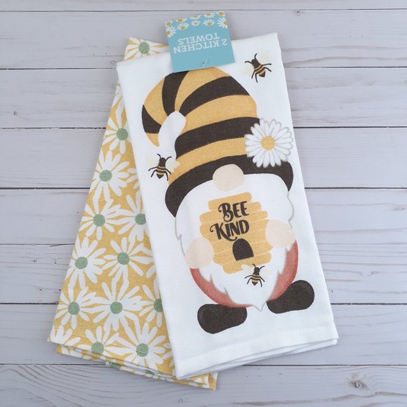 Dual Purpose Kitchen Towels Bee Kind Gnome Daisies Set of 2 - Picture 1 of 2